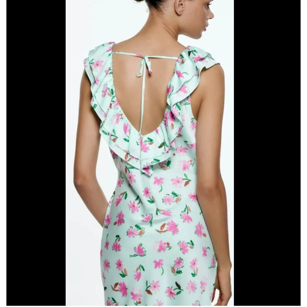 ZARA GREEN FLORAL PRINT SATIN MIDI DRESS WITH RUFFLE TRIMS SIZE S, NWT SS22 - Picture 10 of 10